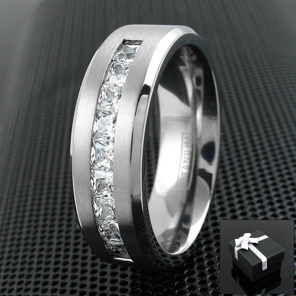 Titanium Men's 1.8 Carat Princess Cut CZ Brushed Center Wedding Band Ring - Image 1 of 4