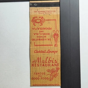 Malbi's Restaurant Mobile AL Pensacola FL Vintage Diseño de Mariscos Matchbook - Imagen 1 de 3