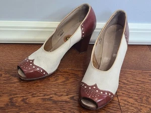 Zapatos de tacón alto Spectator Peep Toe marrón y blanco vintage de los años 40 6 1/2 AA - Imagen 1 de 14
