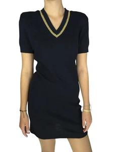 St. John by Marie graues Damen Kleid schwarz Wollmischung goldene Pailletten V-Ausschnitt Größe M - Bild 1 von 12