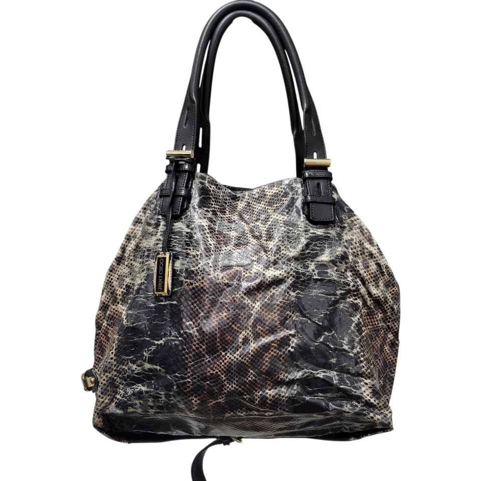Bolso de hombro grande Jimmy Choo de piel de serpiente negro marrón para mujer. Made in Italy Foto 1 de 4