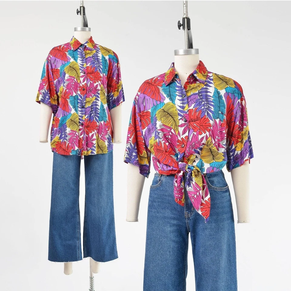 Vintage Colorful Leaf Print Blouse Collared Button Up Tropical Jungle Shirt M L - Изображение 1 из 4