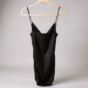 Zara Black Satin Mini Dress Ruched Bodycon Cami Slip Spaghetti Strap M - Picture 1 of 8
