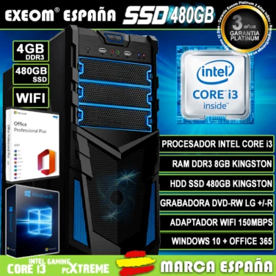 Ordenador Gaming Pc Intel i3 4GB SSD 480GB Wifi Sobremesa Windows 10 Office 2021 - Imagen 1 de 4