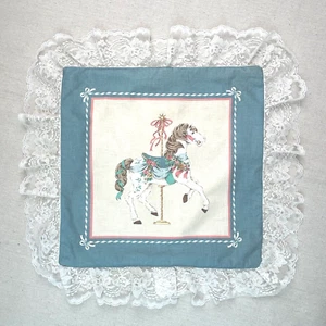 Vtg Carousel Horse Print Pillow Case 14”x14” Beige & Blue With White Lace Trim - Picture 1 of 7
