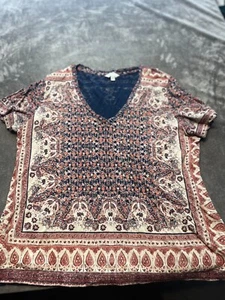 Lucky Brand Women's XL Orange Paisley Print Tee V-Neck Top Boho Petal Sleeve - Picture 1 of 5