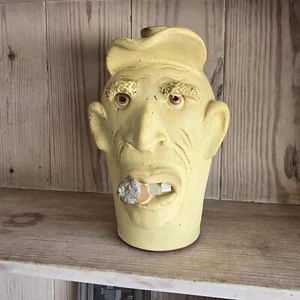 Rustic Yellow Cream Glazed Face Jug w/ Hat Billy Joe Craven | 12.25" x 7" - Picture 1 of 8