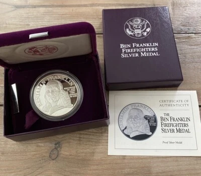 Ben Franklin Firefighters Proof 1 oz .999 Fine Silver Medal, Box & COA, 1125 - Image 1 of 3