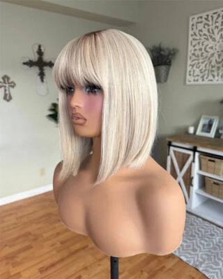 Peluca corta Bob pelucas rubias ombre con flequillo pelucas de cabello 100 % humano parte de encaje 2x1 Foto 1 de 4