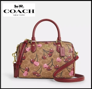 COACH CY692 Rowan Satchel Bag Signature Canvas Cherry Print Tan Brown outlet New - Picture 1 of 6