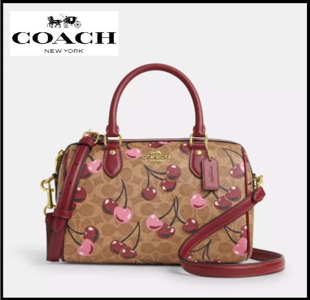Coach Signature Canvas Roan Satchel Bag Cherry Print Brass/Tan Multi CY692