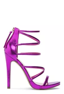 Izita by SHOEDAZZLE Fuchsia faux leather gold zipper strappy sandal heels SZ 7 - Picture 1 of 4