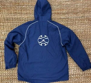 VTG Adidas Blue Hooded Fleece Lined Insulated Coat Jumbo Logo Mens Large Jacket - Picture 1 of 8