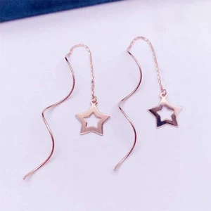 Pure 18K Rose Gold Dangle Lucky Wavy Hollow Star O Link Chain Tassel Earrings - Picture 1 of 6