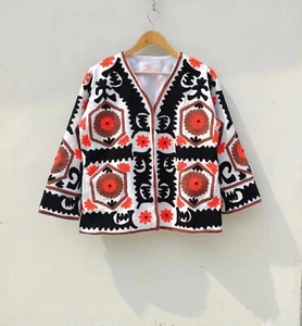 Indische handgefertigte weiße Suzani Blumen Baumwolle Unisex Jacke Damenbekleidung Jacke - Bild 1 von 4