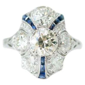 Old European Brilliant Cut 2.53CT Cubic Zirconia & Blue Sapphire Art Deco Ring - Picture 1 of 8