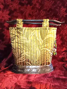 Neshama Green and Gold Silk Purse with Wood Handles and Base - Picture 1 of 3