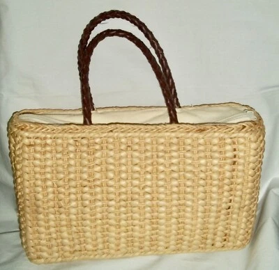 Talbots® • Bolso de mano tejido de paja • Cartera cuero asas trenzadas • Bonito • Vintage • Foto 1 de 4