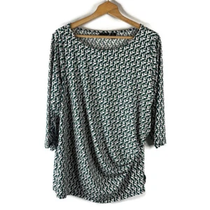 Top camicia blusa donna Tahari taglia 2X verde geometrico increspato lato manica 3/4 - Foto 1 di 9