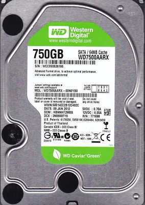 WD WD7500AARX-00N0YB0 dcm: HBNNHT2MBB sn: WCC0S Thailand 2012 750GB SATA A12-14 - Image 1 of 2