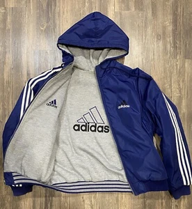 VINTAGE Adidas Jacket Mens Large Blue Gray Reversible Coat Sweatshirt 90s Y2K - Picture 1 of 16