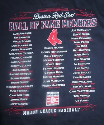 Camisa de miembros del Salón de la Fama de los Boston Red Sox (LG) con etiquetas TED WILLIAMS YAZ JIM RICE Foto 1 de 4