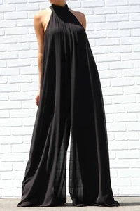 Black Bohemian Halter Wide Leg Palazzo Jumpsuit Dress Pantsuit Outfit S - Picture 1 of 5
