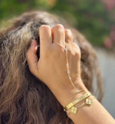 Pulsera Dedo Diamantes Simulados Anillo Pulsera Cadena Oro Amarillo 14K 0.85ctw Foto 1 de 4