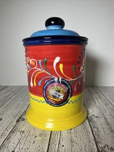 Bidone in ceramica con coperchio dipinto a mano Spagna rosso giallo blu - Foto 1 di 9