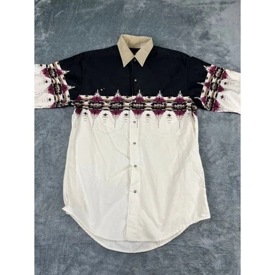 Men’s Plains Western Wear Pearl Snap Shirt M Black White Aztec – Good Condition - Image 1 of 4