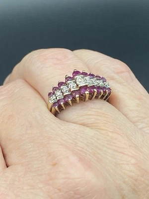 Vintage 10k Gold Triple Row Diamond Accent and Ruby Ring Size 7 Estate Jewelry - Image 1 of 4