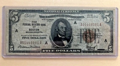 1929 Boston Federal Reserve Bank $5 five-dollars FR-1850-A - Image 1 of 2