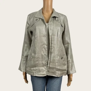 Elliott Lauren Misses 4 Silver Taupe Textured 100% Linen Open Blazer Jacket - Picture 1 of 8