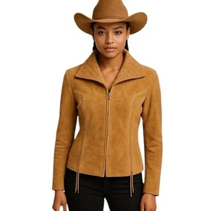Chaqueta Double D Ranch 100 % gamuza cuero cremallera frontal color tostado carmelo para mujer mediana - Imagen 1 de 14