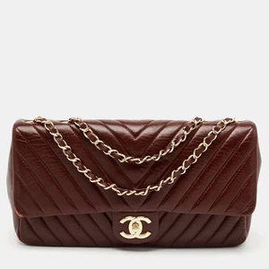 Chanel Burgundy Surpique Chevron Leather Medium Single Flap Bag - Picture 1 of 10