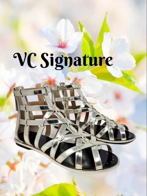 VC Signature Gladiator Sandels Sz-8 Silver Leather Strappy Zip Back Vince Camuto - Image 1 of 4