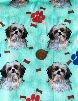 Fabric 56" wide Novelty Print 2 yards Dogs Puppies Yorkie Shih Tzu Turquoise New - Image 1 of 4
