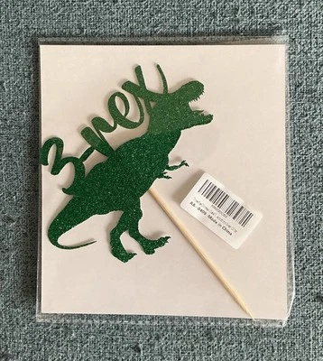 ДИНОЗАВР ТРИ (3) REX день рождения торт верхний зеленый блестящая бумага новый в упаковке - Изображение 1 из 3