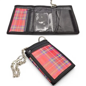 Cartera delgada triple plegable con cadena de seguridad lona diseño a cuadros negro Reino Unido para niños y niñas - Imagen 1 de 8