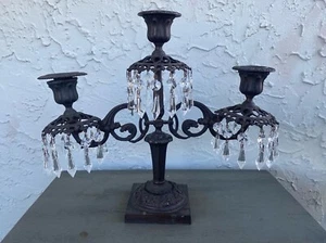 Cast-Iron/Crystal-Prisms Ornate Victorian-Style 3-Arm Candelabra Candleholder - Picture 1 of 10