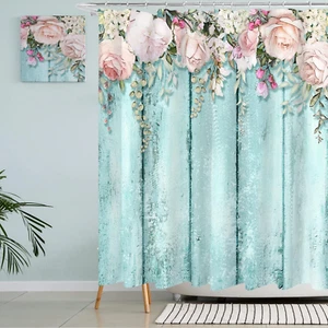 Tititex Pink Roses Shower Curtain Sets, Shabby Chic Rutic Teal Blue Wood Bathroo - Picture 1 of 12