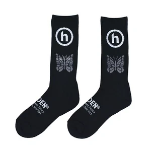 NWT Hidden NY Needles Japan Men's Black Logo Knit Cotton Crew Socks AUTHENTIC - Picture 1 of 6