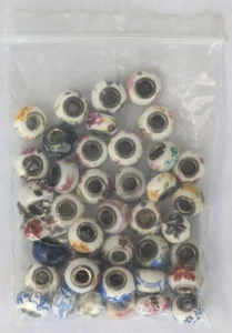 Ceramic hand painted floral beads lot of 40 6.5 mm center jewelry craft making - Picture 1 of 6