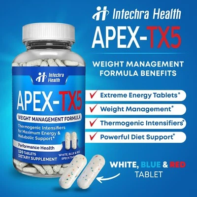 Píldoras de dieta quemador de grasa APEX TX5 + potenciadores de energía máxima 120 tabletas blancas/azules/rojas Foto 1 de 4
