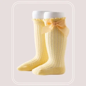 Boho Baby Girl Socks Crochet Satin Bowknot Accessory Yellow 0-18 Months - Picture 1 of 1
