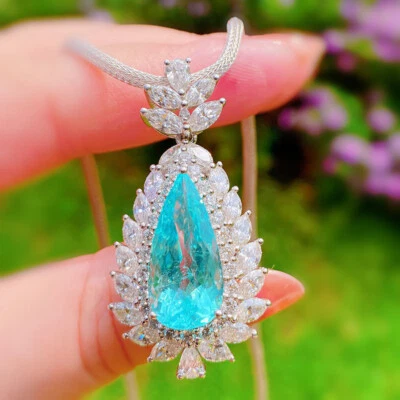New Dazzling Shiny Neon Blue Tourmaline White Crystal Gems Silver Women Necklace - Image 1 of 4