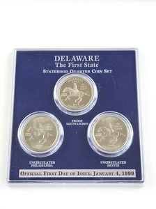 Juego de monedas de cuarto de trimestre de Delaware Statehood primer día de emisión 4 de enero de 1999 - Imagen 1 de 5