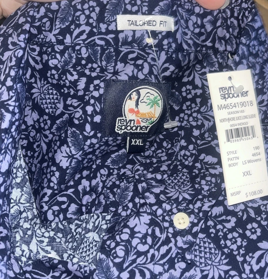 Новый с Ярлыками Reyn Spooner длинным рукавом на пуговицах ананас синий 100% хлопок размер XXL - Изображение 1 из 1