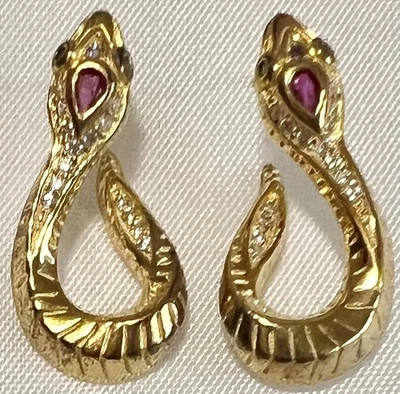 Snake Earrings 14K Gold on Solid 925 REAL Genuine Ruby Diamond Emerald - Image 1 of 4