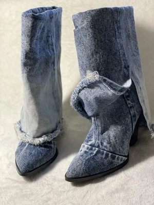 Steve Madden Foldover Heeled Boots- Frayed Denim Size 6.5M - Image 1 of 4